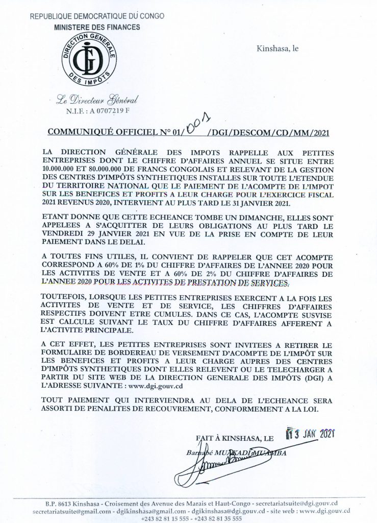 DGI : Communiqué Officiel n°01/001 /DGI/DESCOM/CD/MM/2021