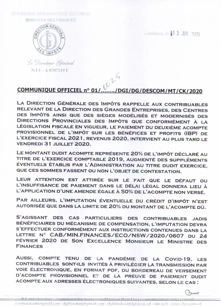 DGI : COMMUNIQUE OFFICIEL N°01/0025 /DGI/DG/DESCOM/MT/CK/2020