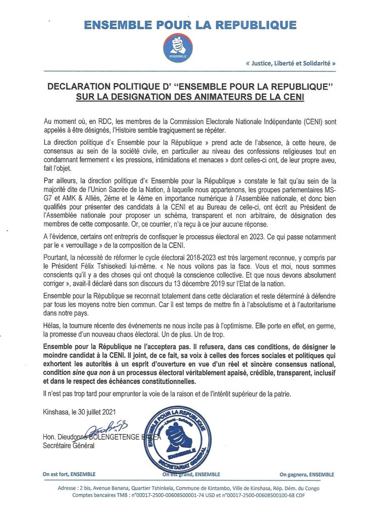 RDC : Ensemble pour la République refuse de désigner le moindre candidat à la CENI