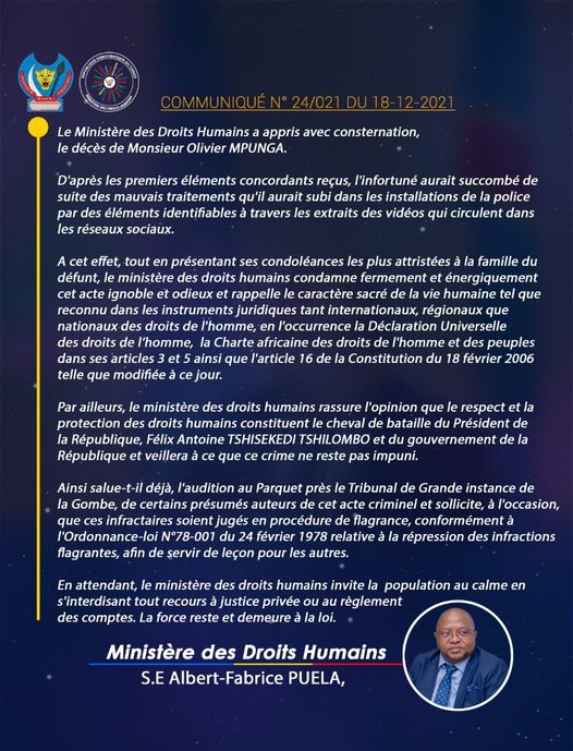 Meurtre d’Olivier Mpunga : Le gouvernement condamne avec fermeté les récents incidents mêlant la police